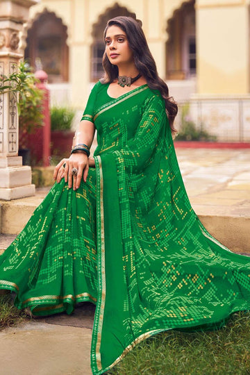 Emerald Green Printed Georgette Casual Wear Saree