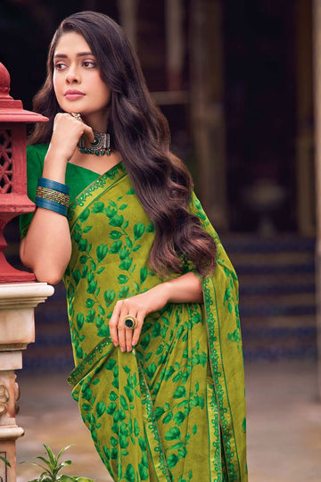 Lime Green Printed Georgette Casual Wear Saree