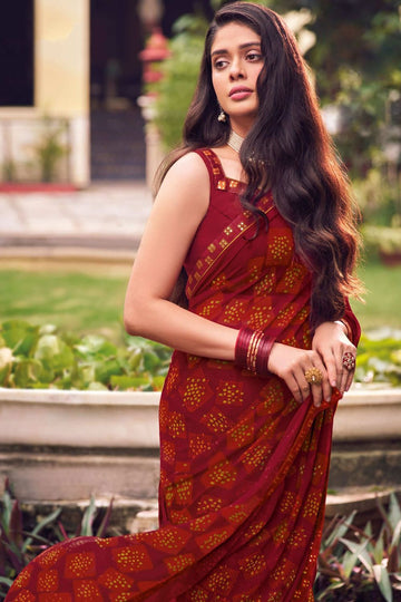 Maroon Printed Georgette Casual Wear Saree