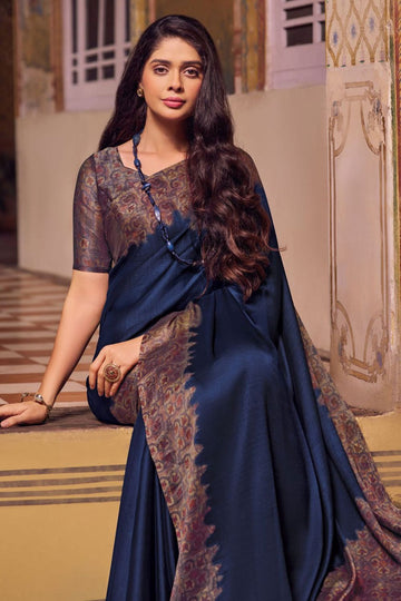 Navy Blue Printed Chiffon Saree