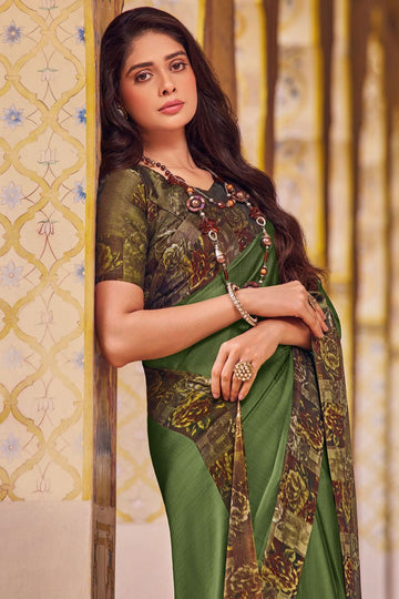 Moss Green Printed Chiffon Saree