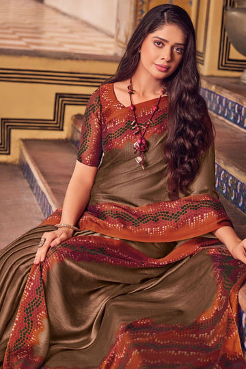 Oak Brown Printed Chiffon Saree