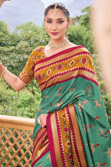 Rama Green Silk Printed Saree