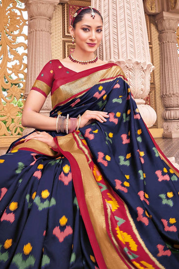 Navy Blue Silk Printed Saree