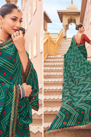 Rama Green Bandhani Print Georgette Chiffon Saree for Party