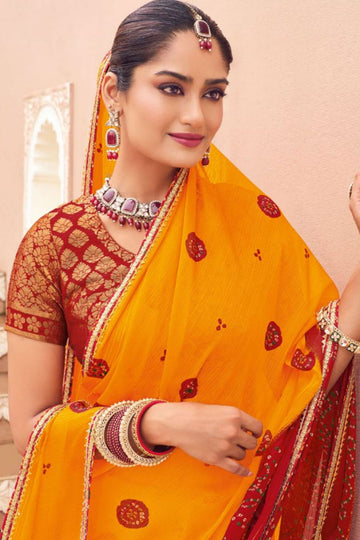 Golden Yellow and Red Bandhani Print Georgette Chiffon Saree for Party