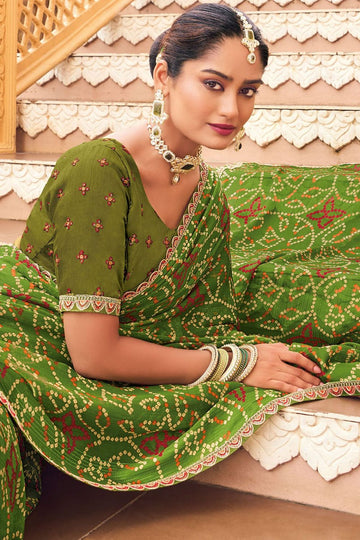 Lime Green Bandhani Print Georgette Chiffon Saree for Party