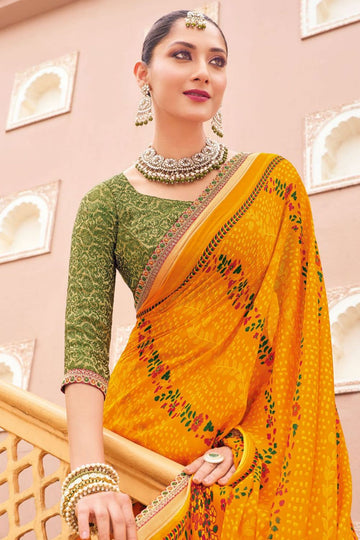 Golden Yellow Bandhani Print Georgette Chiffon Saree for Party