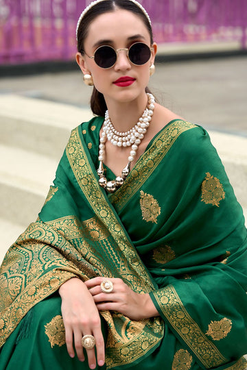 Emerald Green Pure Handloom Weaving Satin Saree