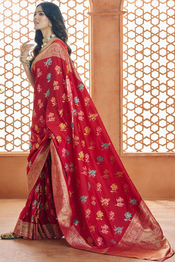 Scarlet Red Pure Banarasi Silk Zari Weaving Saree