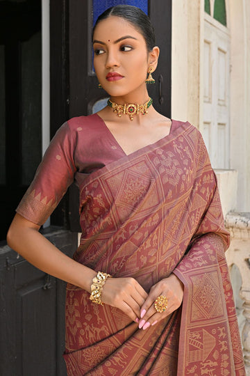 Brown Raw Silk Woven Party Wear Saree