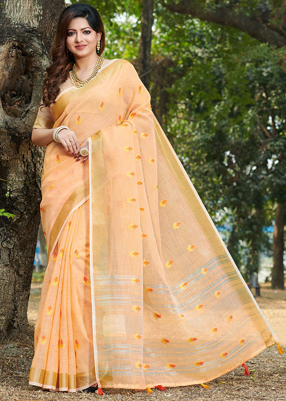 Beige Linen Printed Saree for Party