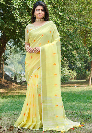 Pastel Yellow Linen Printed Saree for Party