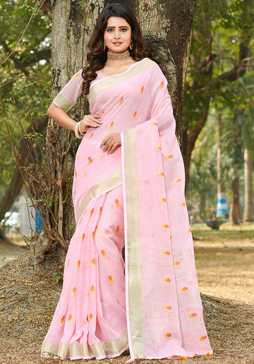 Baby Pink Linen Printed Saree for Party