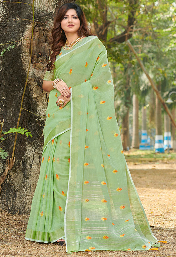 Pistachio Green Linen Printed Saree for Party