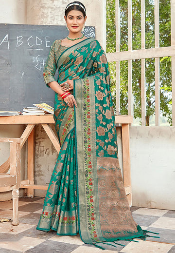 Rama Green Woven Organza Saree for Party