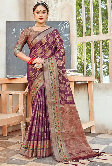 Wine Woven Organza Saree for Party