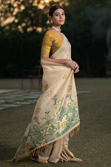 Cream Soft Modal Silk Party Wear Saree