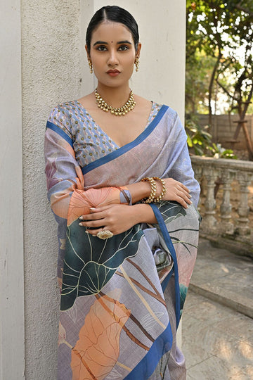 Dusty Blue Cotton Silk Floral Printed Saree for Festival