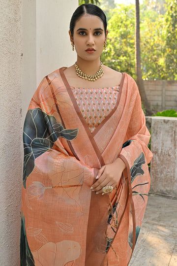 Orange Cotton Silk Floral Printed Saree for Festival