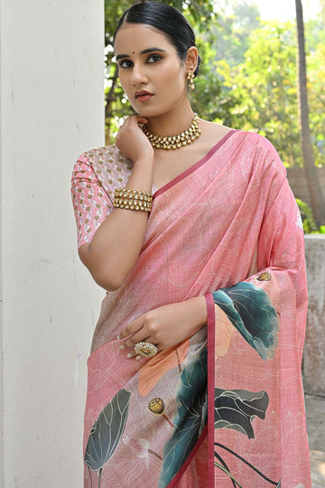 Peach Cotton Silk Floral Printed Saree for Festival