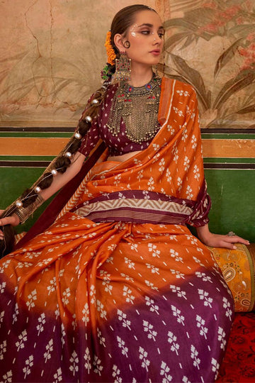 Tangy Orange and Wine Mercerized Silk Saree for Festival