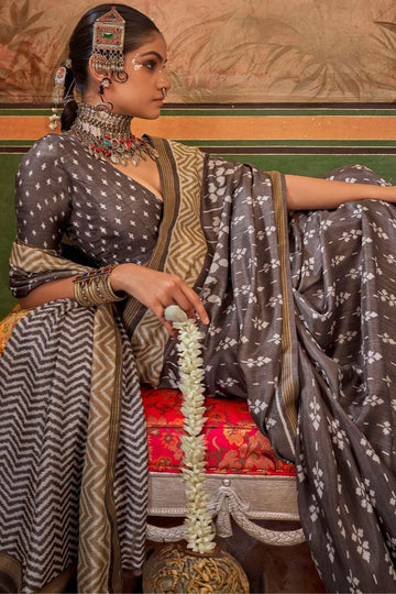 Dusty Grey Mercerized Silk Saree for Festival