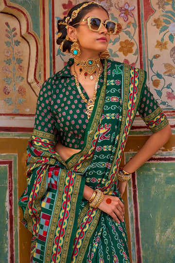 Emerald Green Silk Saree with Foil Print