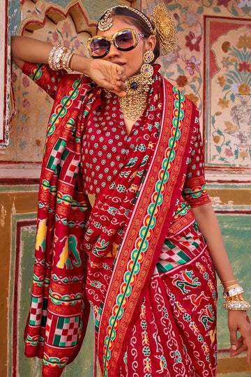 Cherry Red Silk Saree with Foil Print