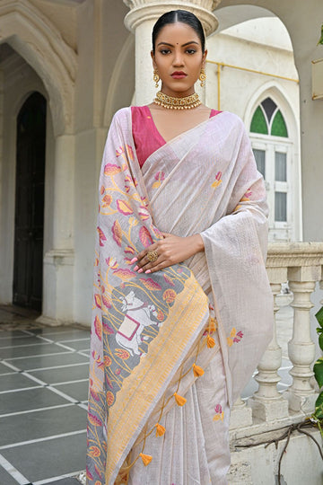 Off White Cotton Woven Party Wear Saree