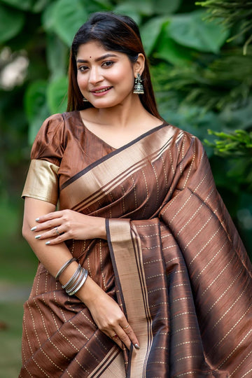 Brown Raw Silk Zari Woven for Party