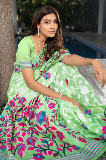 Spring Green Floral Print Soft Cotton Saree for Party