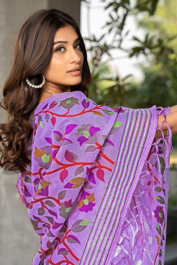 Lavender Floral Print Soft Cotton Saree for Party