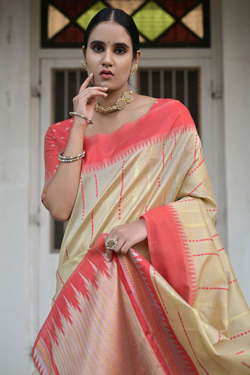 Beige Raw Silk Zari Woven for Party