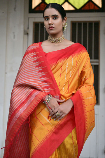 Golden Yellow Raw Silk Zari Woven for Party