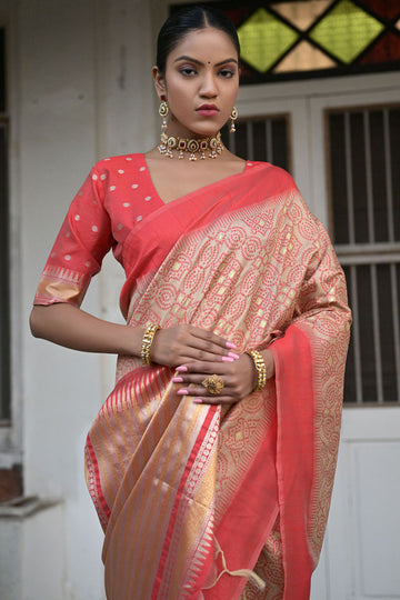 Beige Raw Silk Zari Woven for Party