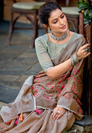 Dusty Beige Kashmiri Work Linen Saree for Festival