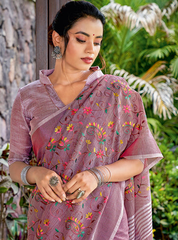 Mauve Pink Kashmiri Work Linen Saree for Festival