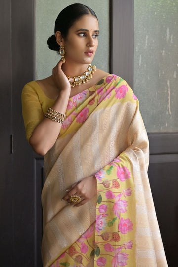 Cream Banarasi Silk Zari Woven Party Wear Saree