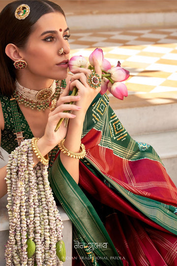 Cherry Red Foil Print Patola Design Silk Saree