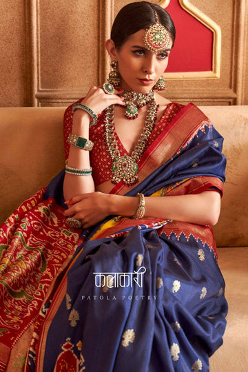 Navy Blue Sambalpuri Print Silk Saree