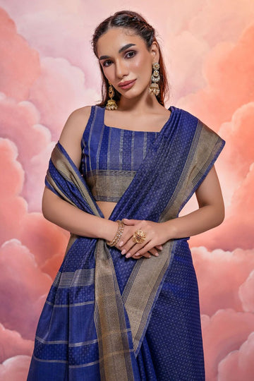 Indigo Blue Zari Woven Cotton Casual Wear Saree