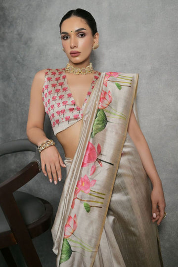 Cream Printed Tussar Silk Digital Printed Saree