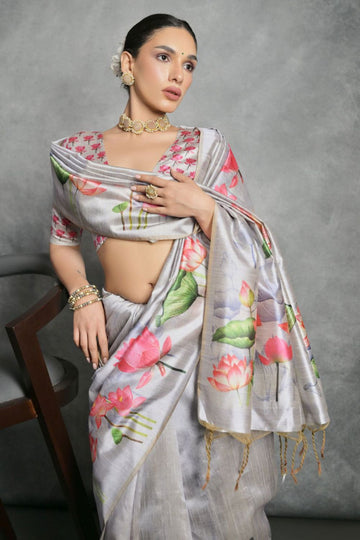 Soft Grey Printed Tussar Silk Digital Printed Saree