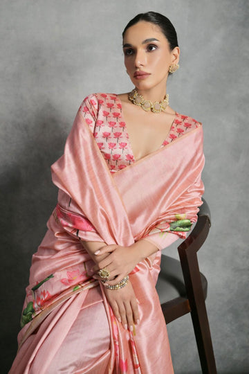 Blush Peach Printed Tussar Silk Digital Printed Saree