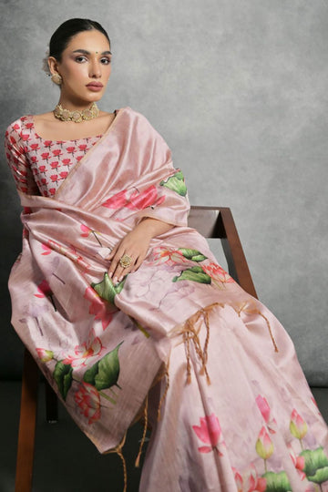 Blush Pink Printed Tussar Silk Digital Printed Saree