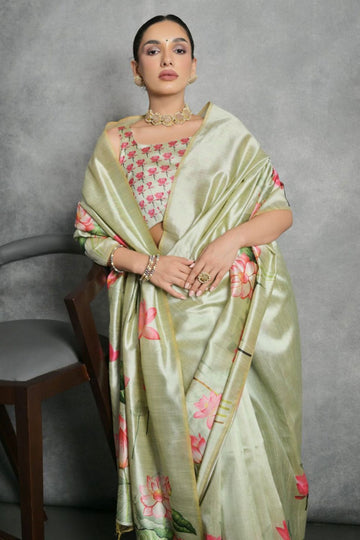 Pastel Green Printed Tussar Silk Digital Printed Saree