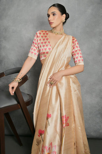 Apricot Printed Tussar Silk Digital Printed Saree