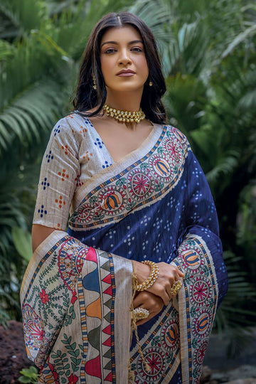 Indigo Printed Tussar Silk Digital Printed Saree