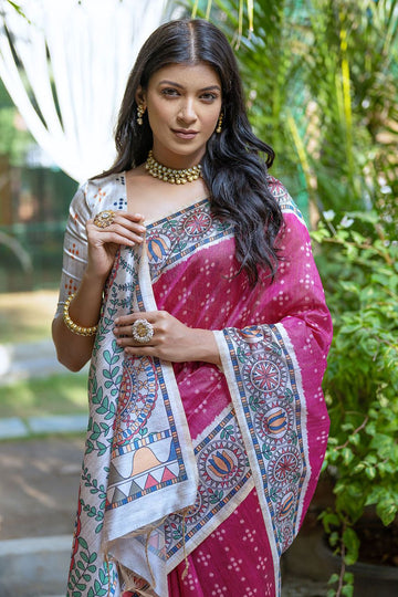 Raspberry Pink Printed Tussar Silk Digital Printed Saree